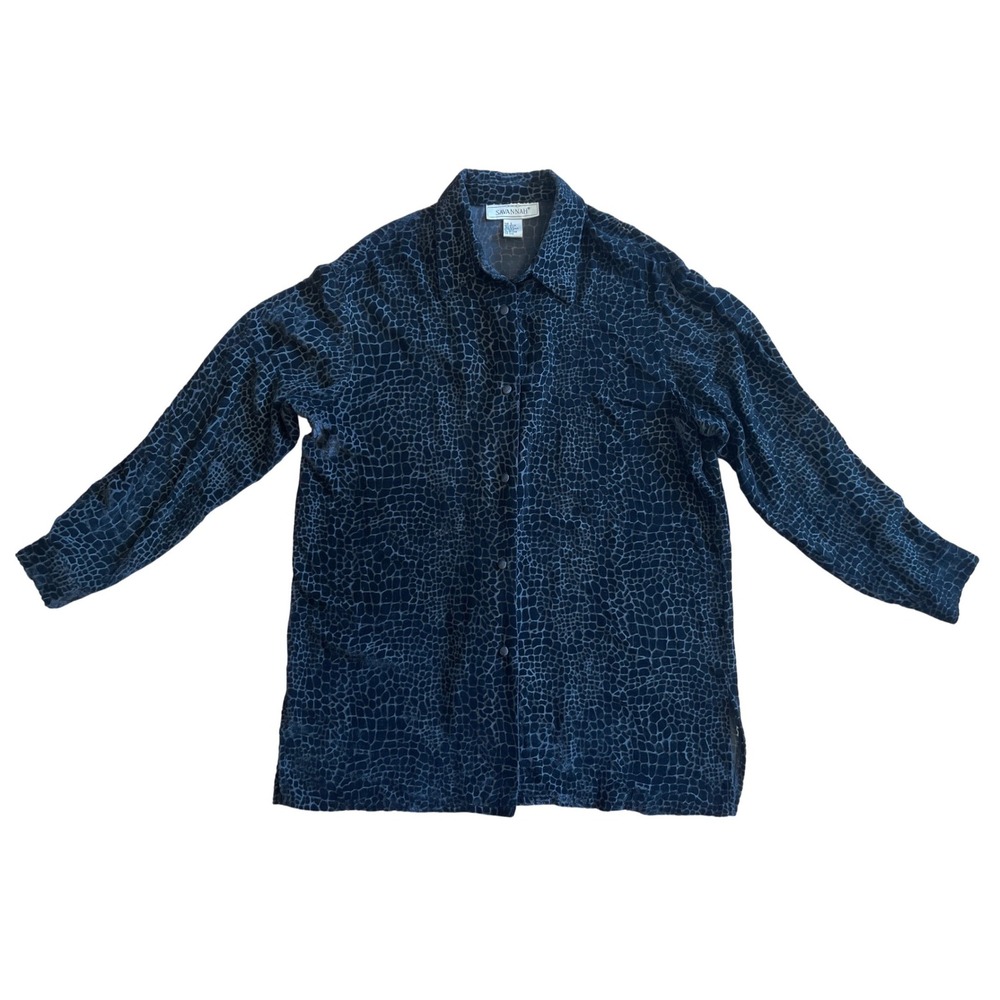 VTG Savannah Silk Velvet Burnout Animal Print‎ Button Down Shirt Blouse Black L